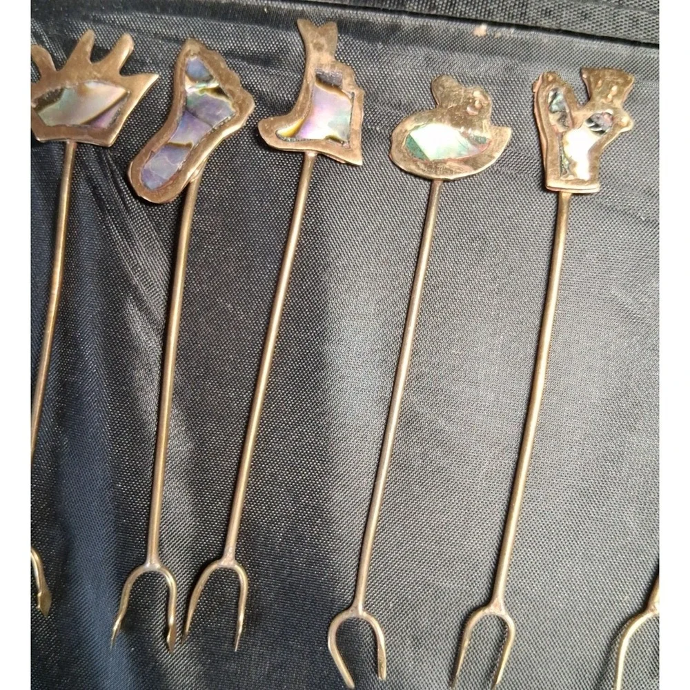 22 Vintage Mexican Alpaca Silver Cocktail Forks/Picks with Abalone Inlay